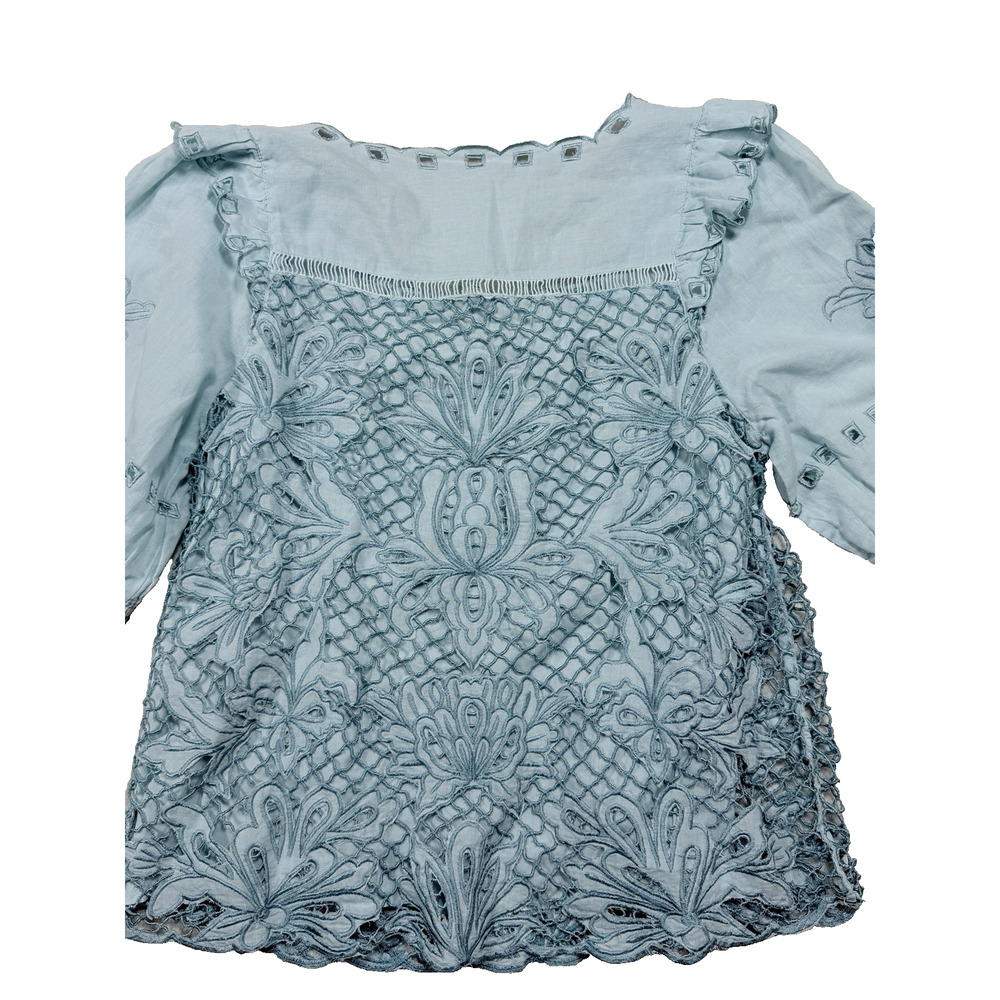 Sundance Lace Crochet Linen Blend Top Cottagecore Boho Prairie Skyblue Women Lg - Picture 8 of 15